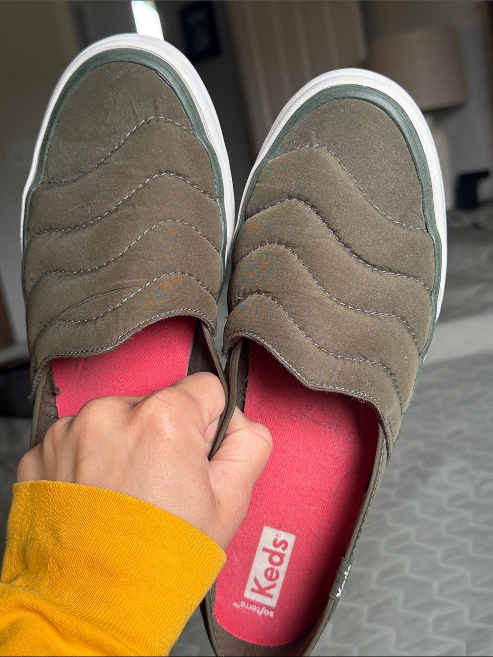 Keds Olive Quilted Slip-On Flats with Pink Insole - Picture 5 of 6